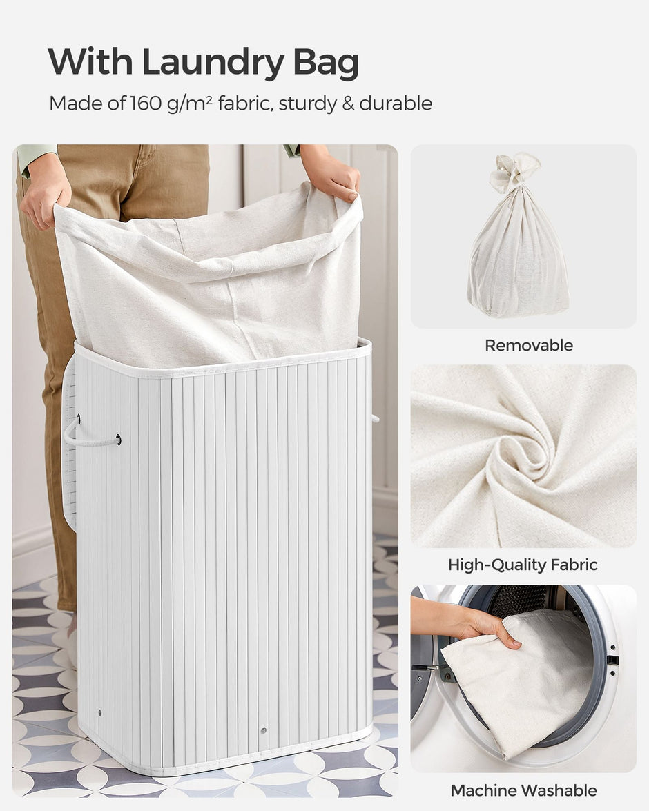 Laundry Basket – Bamboo – Cloud White – Foldable with 3 Handles, 72L