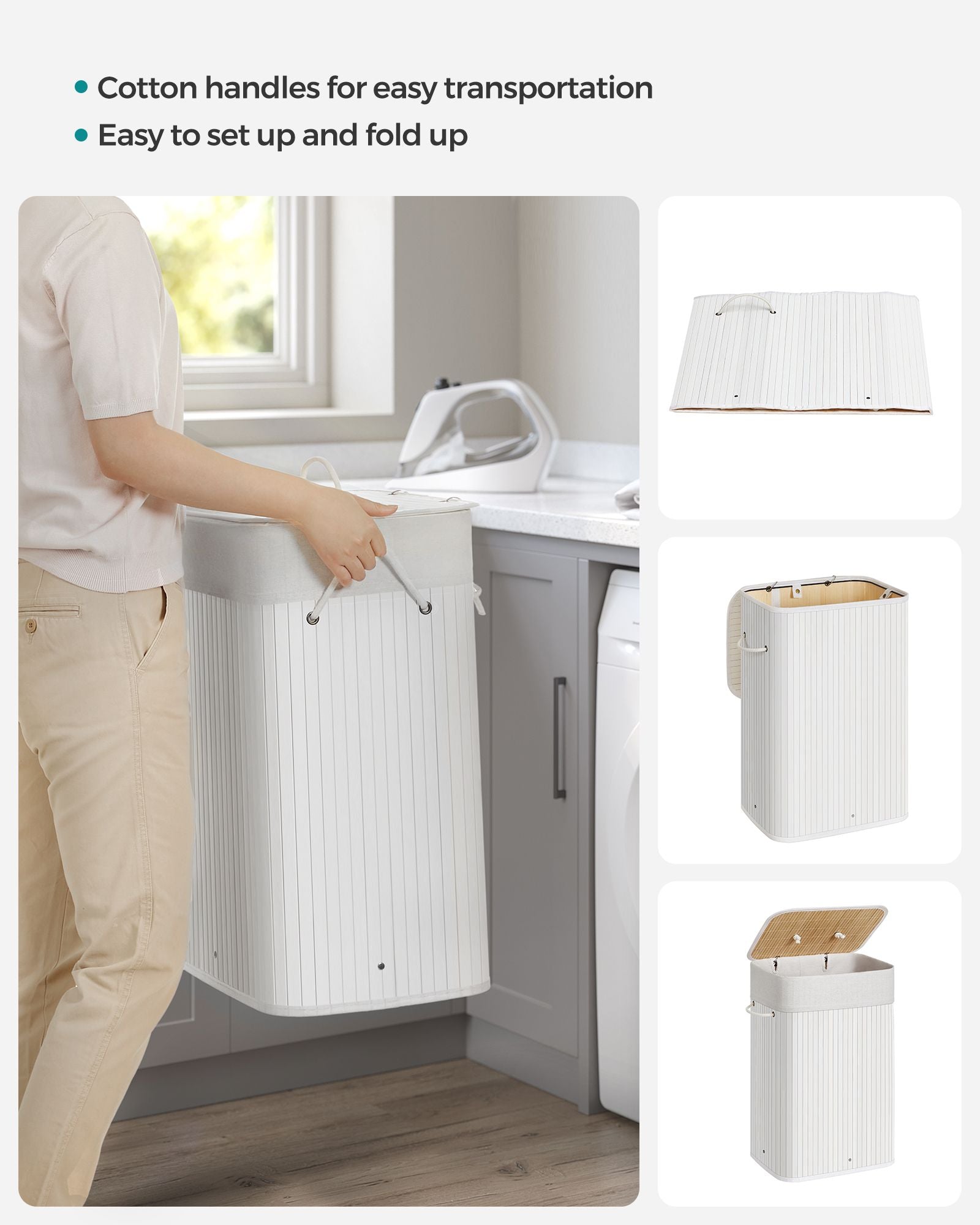 Laundry Basket – Bamboo – Cloud White – Foldable with 3 Handles, 72L