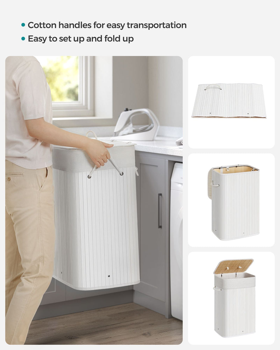 Laundry Basket – Bamboo – Cloud White – Foldable with 3 Handles, 72L