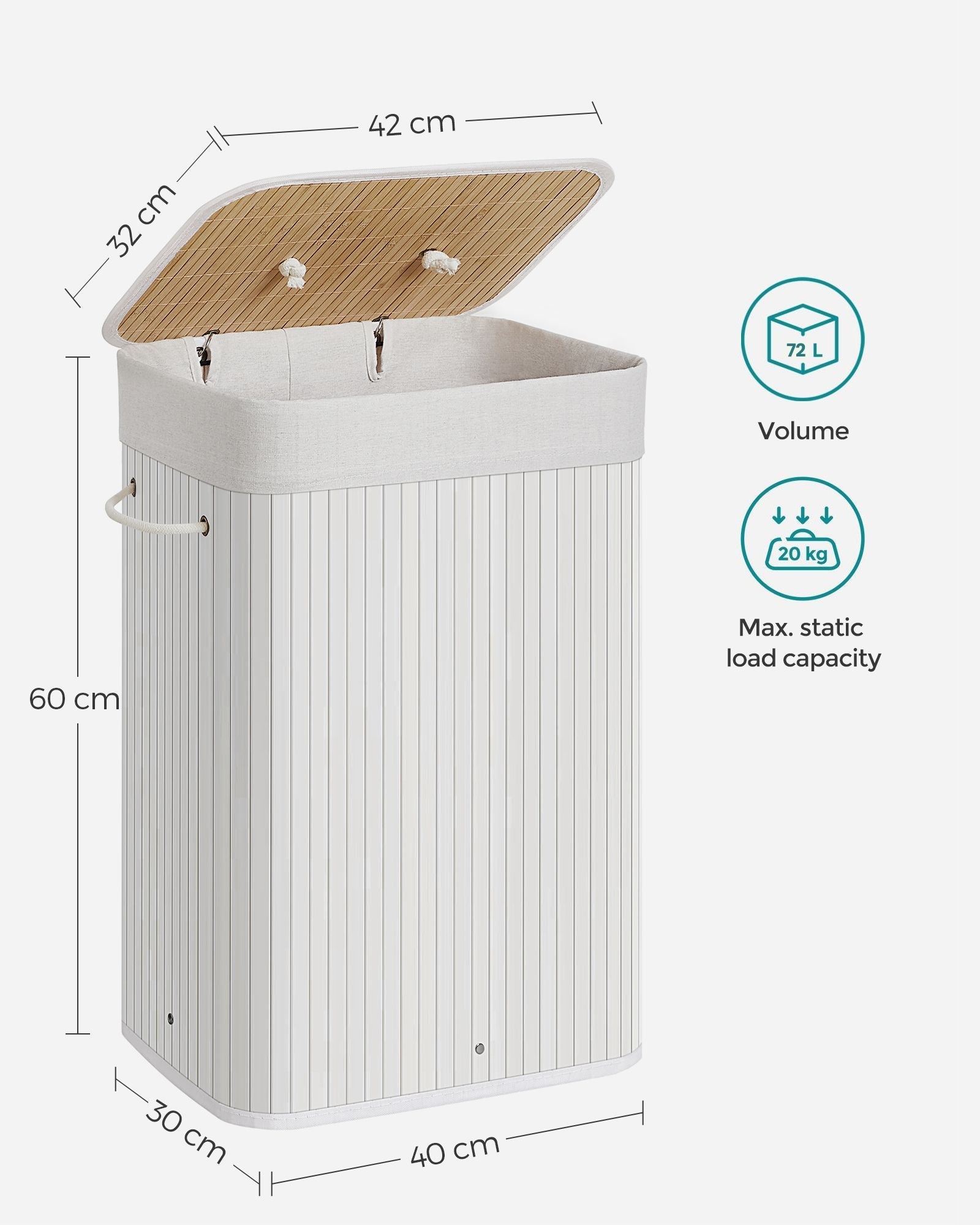 Laundry Basket – Bamboo – Cloud White – Foldable with 3 Handles, 72L