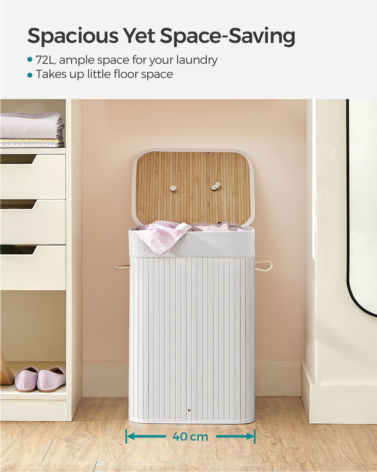Laundry Basket – Bamboo – Cloud White – Foldable with 3 Handles, 72L