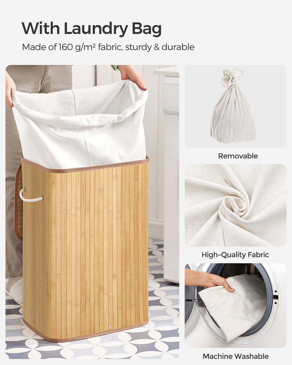 Bamboo Laundry Hamper – Natural – XL Foldable with Removable Washable Lining, 72L