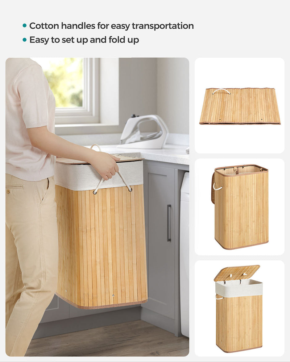 Bamboo Laundry Hamper – Natural – XL Foldable with Removable Washable Lining, 72L