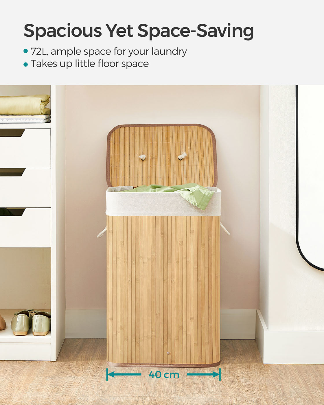 Bamboo Laundry Hamper – Natural – XL Foldable with Removable Washable Lining, 72L