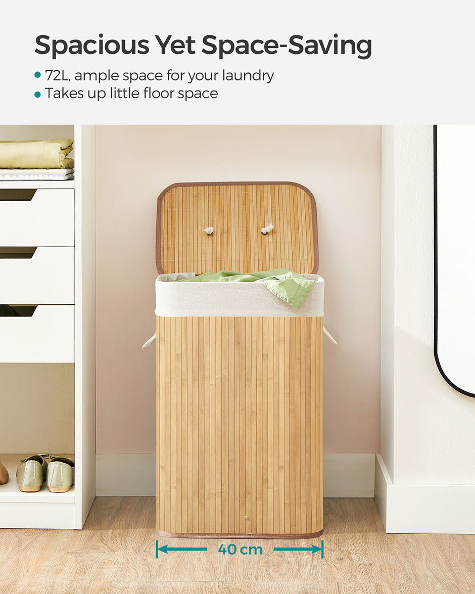 Bamboo Laundry Hamper – Natural – XL Foldable with Removable Washable Lining, 72L