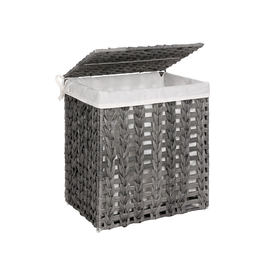Laundry Hamper – Handwoven Rattan-Style – Grey – Lid & Removable Liner Bag