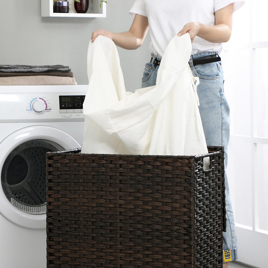 Handwoven Clothes Hamper – Synthetic Rattan – Brown – 90L Capacity with Lid and Handles