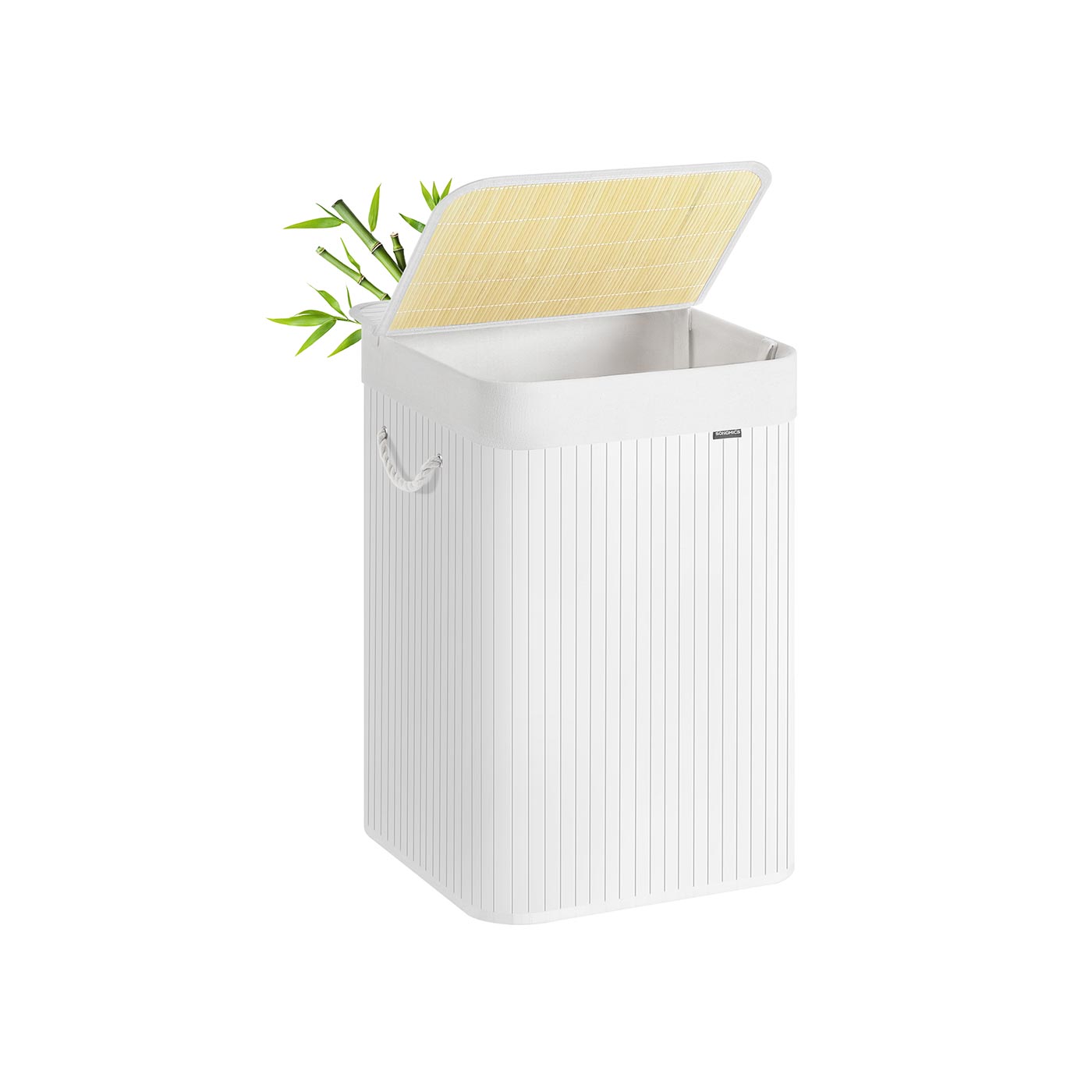 Laundry Basket – Bamboo – White – 95 L, Foldable with Removable and Machine Washable Liner