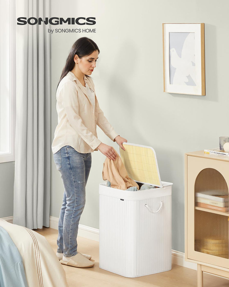 Laundry Basket – Bamboo – White – 95 L, Foldable with Removable and Machine Washable Liner
