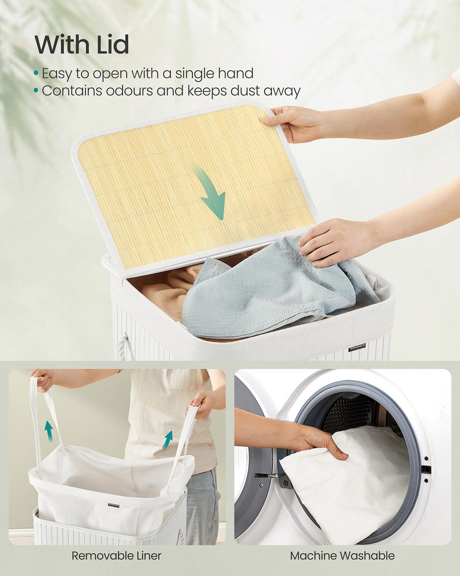Laundry Basket – Bamboo – White – 95 L, Foldable with Removable and Machine Washable Liner