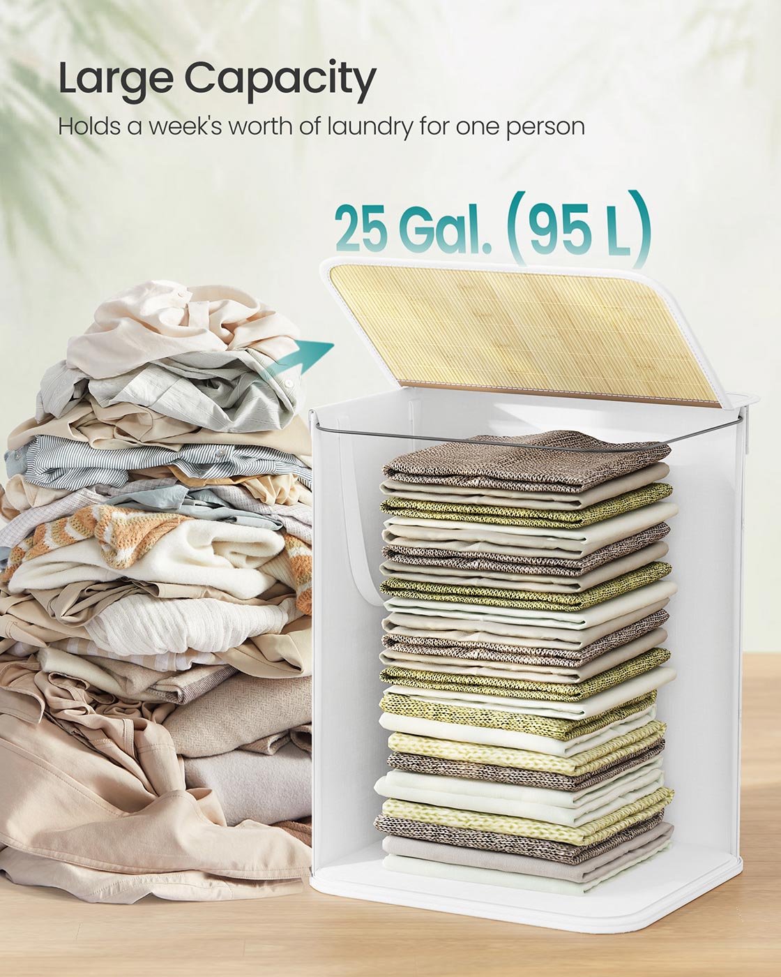 Laundry Basket – Bamboo – White – 95 L, Foldable with Removable and Machine Washable Liner