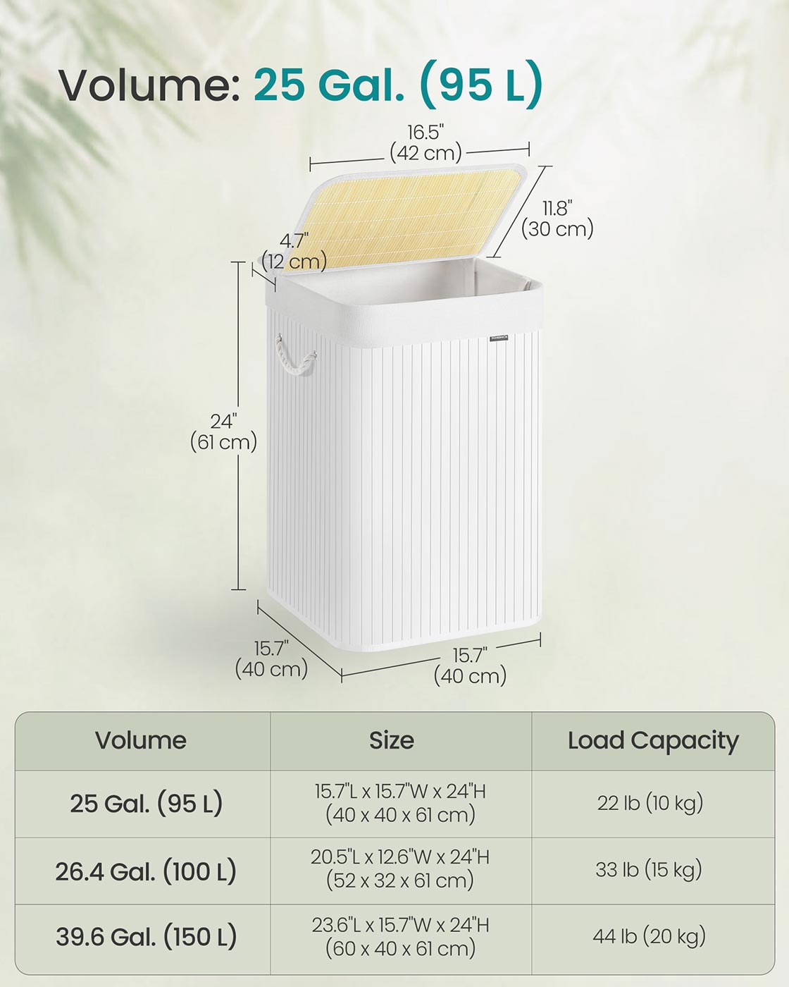 Laundry Basket – Bamboo – White – 95 L, Foldable with Removable and Machine Washable Liner
