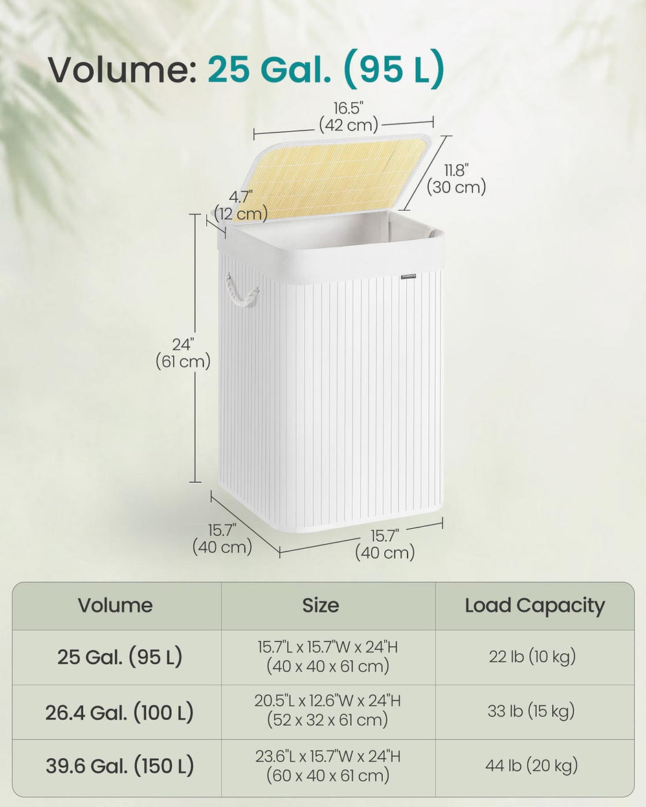 Laundry Basket – Bamboo – White – 95 L, Foldable with Removable and Machine Washable Liner