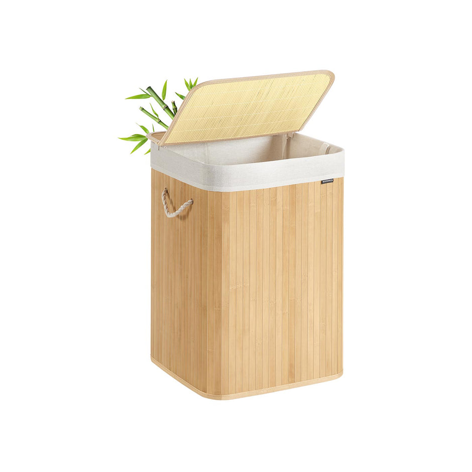 Laundry Basket – Bamboo – White – 95 L, Foldable with Removable and Machine Washable Liner