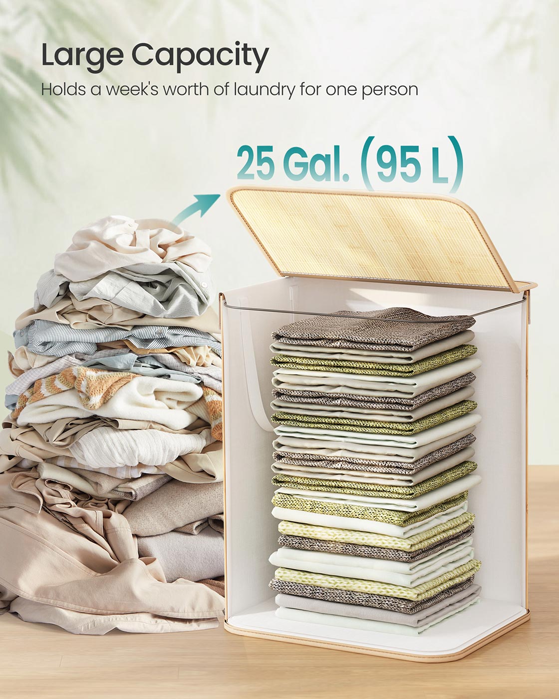 Laundry Basket – Bamboo – Natural – 95 L Capacity with Foldable Design and Removable Machine Washable Liner