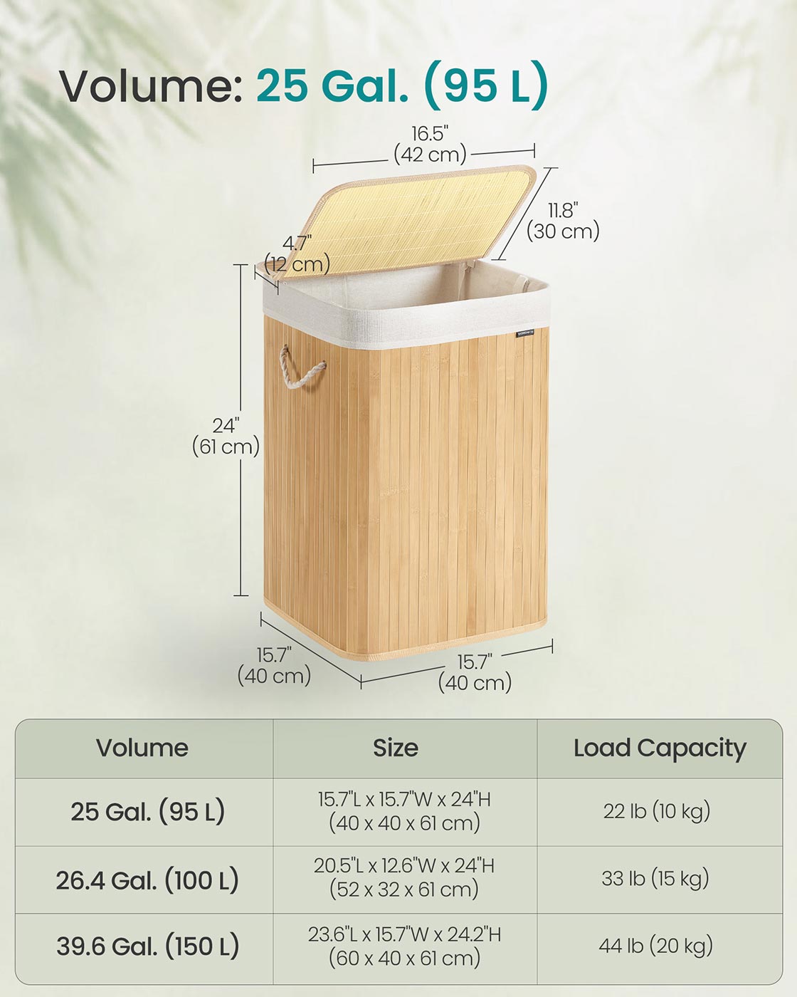 Laundry Basket – Bamboo – Natural – 95 L Capacity with Foldable Design and Removable Machine Washable Liner