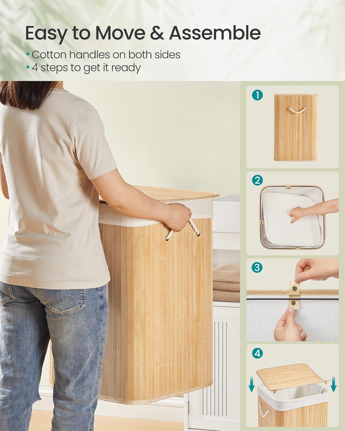 Laundry Basket – Bamboo – Natural – 95 L Capacity with Foldable Design and Removable Machine Washable Liner
