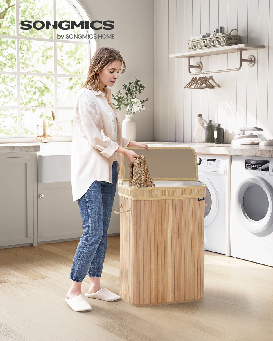 Laundry Hamper – Bamboo – Natural Beige – Removable and Washable with Lid and Handles
