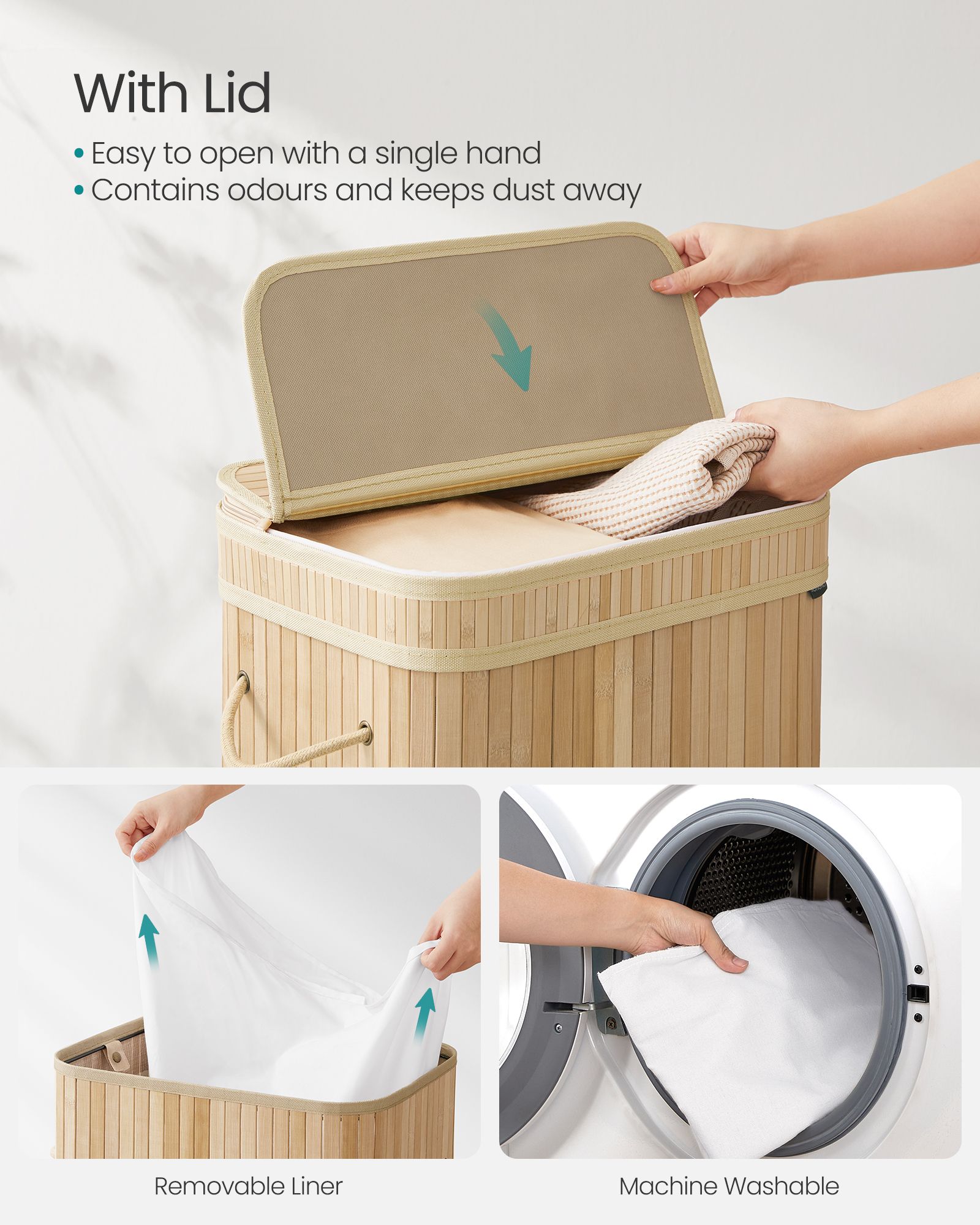 Laundry Hamper – Bamboo – Natural Beige – Removable and Washable with Lid and Handles