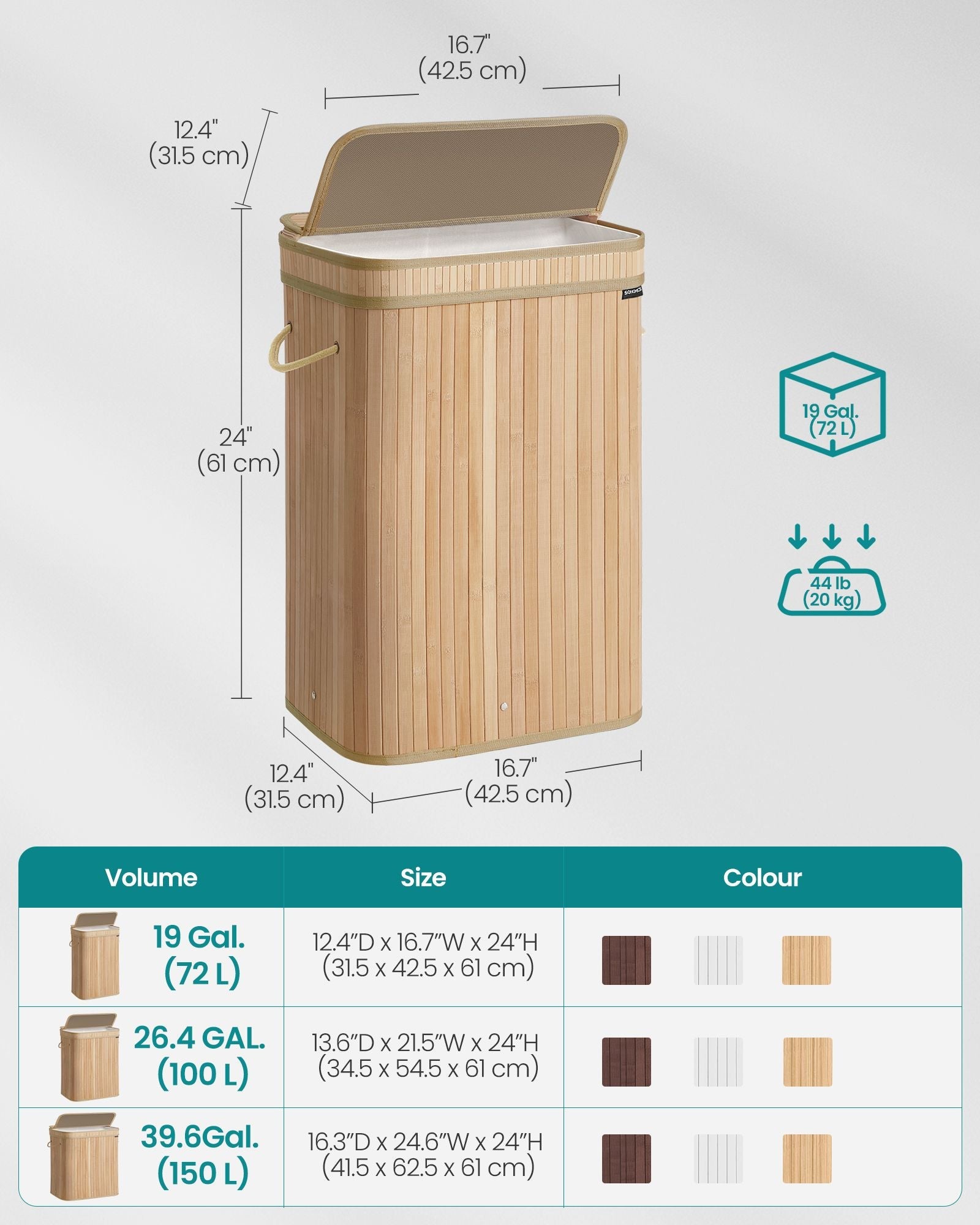 Laundry Hamper – Bamboo – Natural Beige – Removable and Washable with Lid and Handles