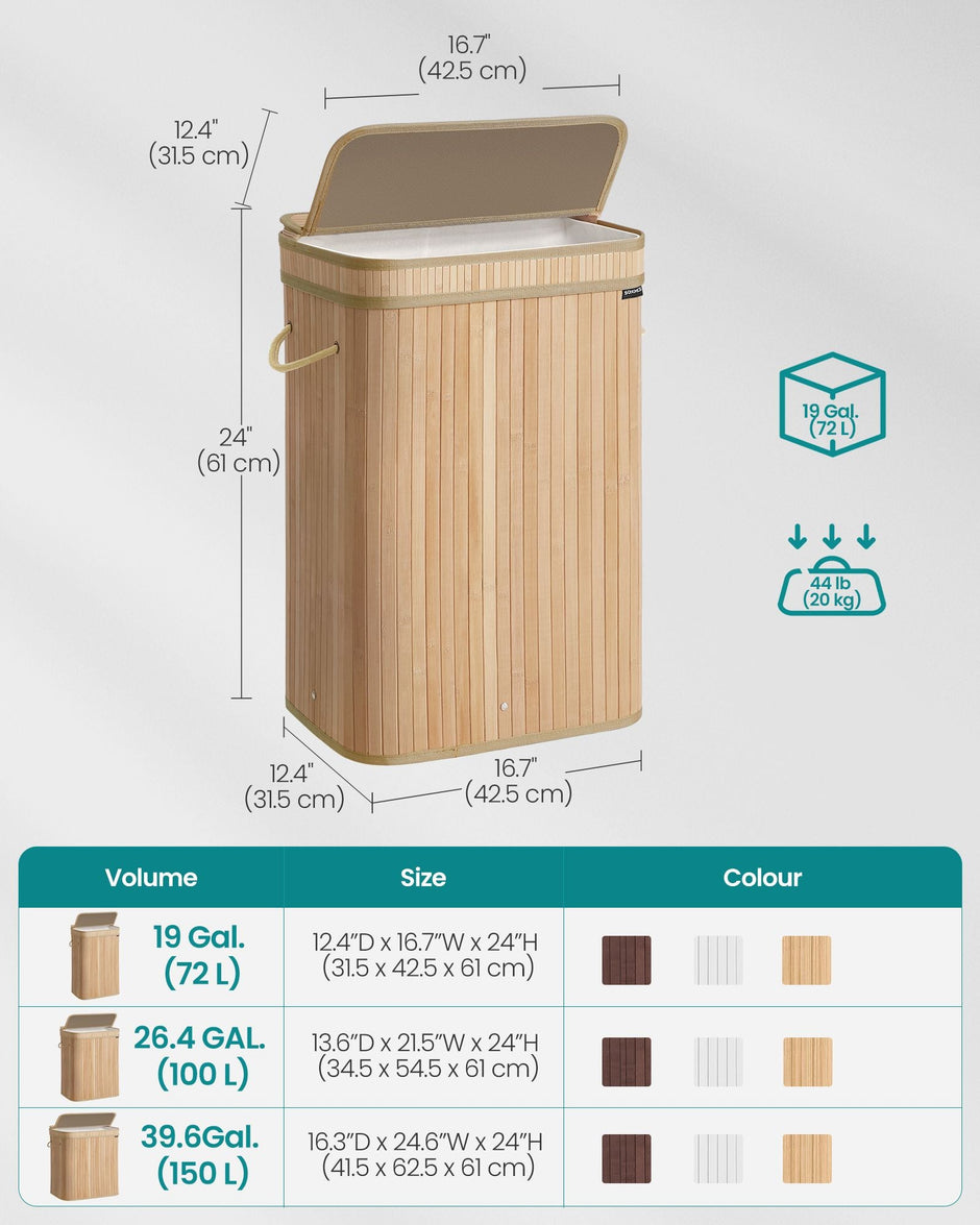 Laundry Hamper – Bamboo – Natural Beige – Removable and Washable with Lid and Handles
