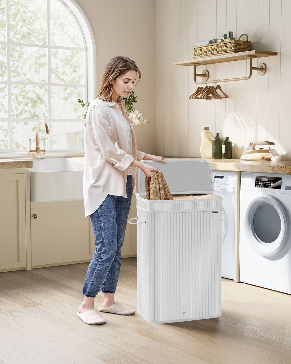 Laundry Hamper – Bamboo – Cloud White – Removable Lid with Handles