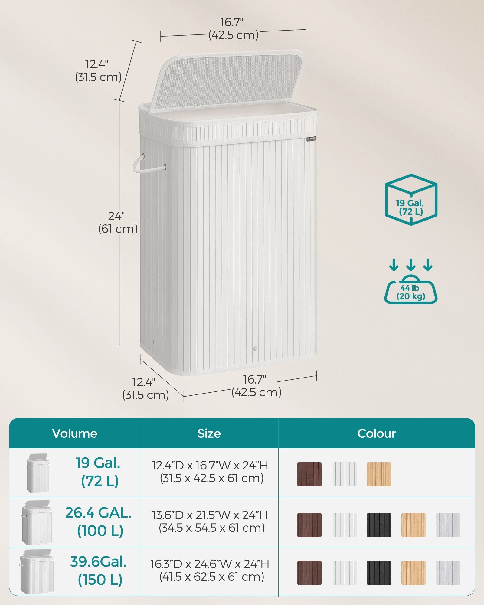 Laundry Hamper – Bamboo – Cloud White – Removable Lid with Handles