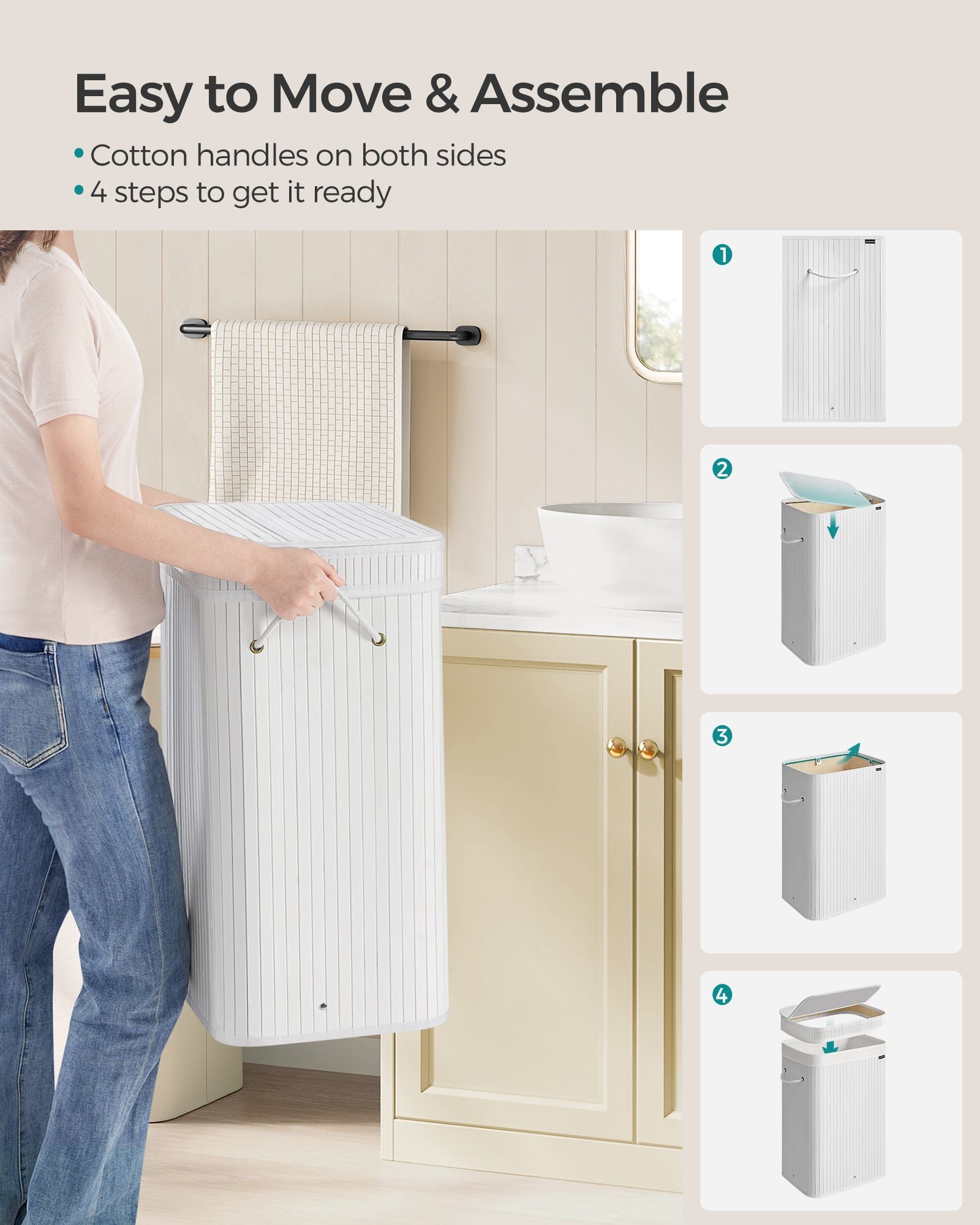 Laundry Hamper – Bamboo – Cloud White – Removable Lid with Handles
