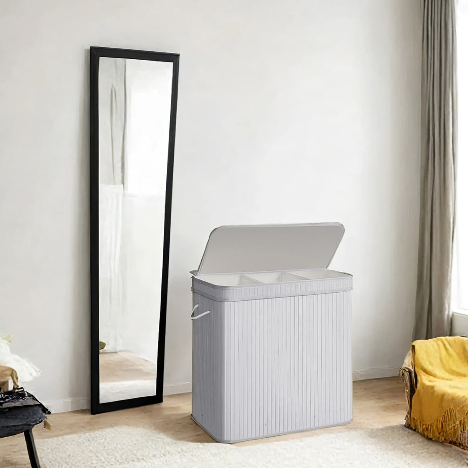 Bamboo Laundry Basket – Grey – 100 L – Lid and Removable Machine Washable with Handles