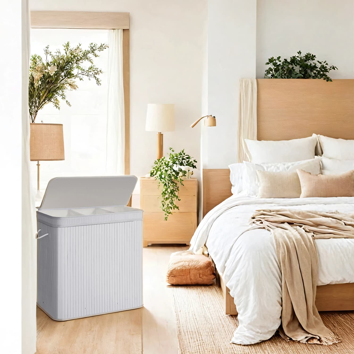 Bamboo Laundry Basket – Grey – 100 L – Lid and Removable Machine Washable with Handles