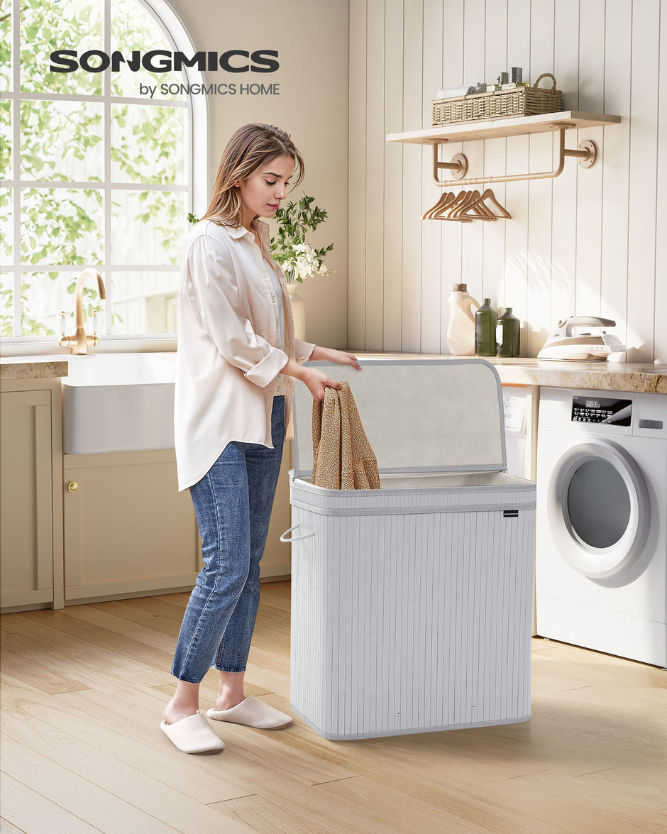 Laundry Hamper – Bamboo – Dove Grey – Removable and Machine Washable with Lid and Handles, 100 L