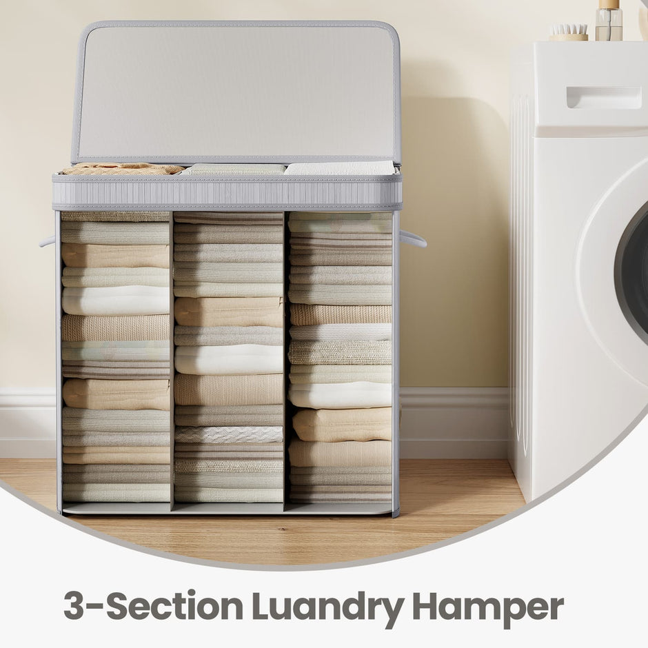 Bamboo Laundry Basket – Grey – 100 L – Lid and Removable Machine Washable with Handles