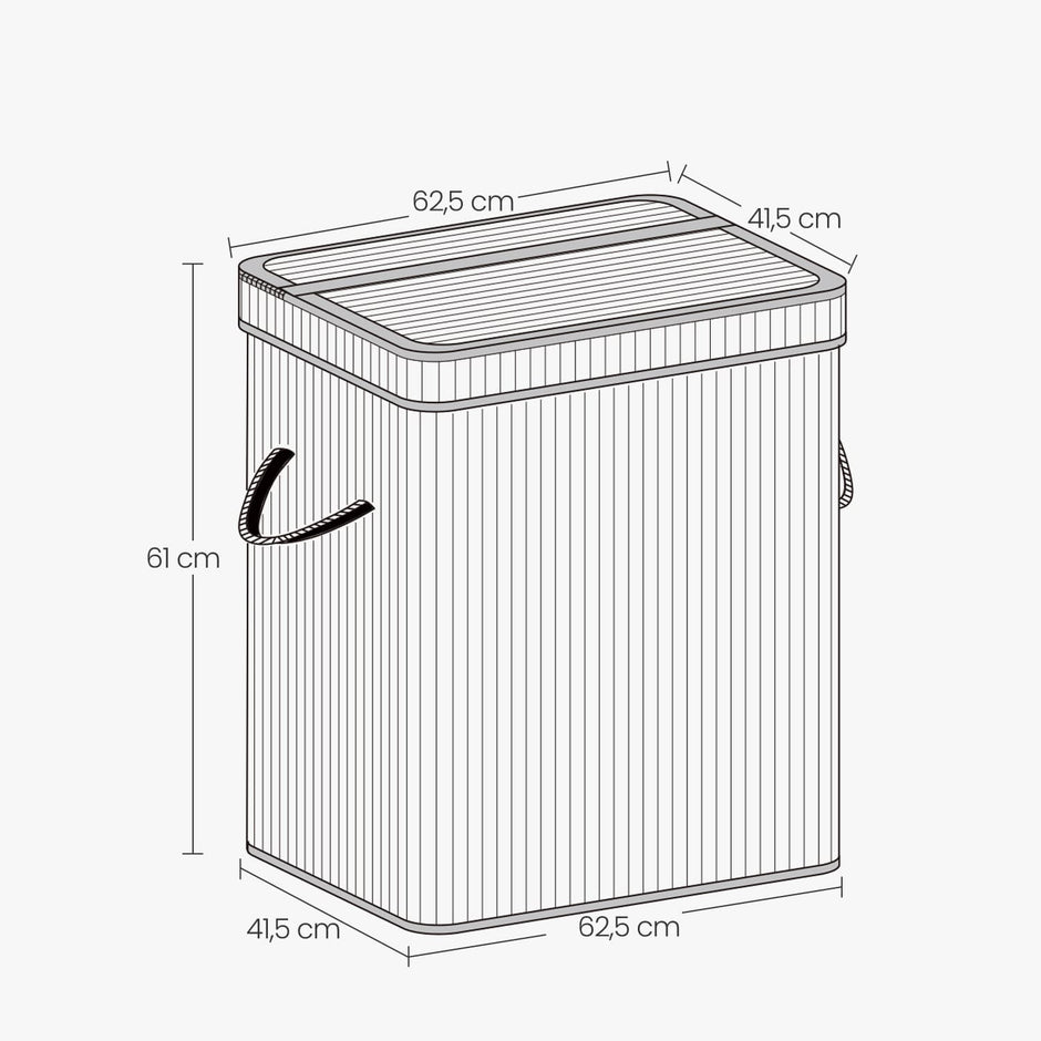 Bamboo Laundry Basket – Grey – 100 L – Lid and Removable Machine Washable with Handles