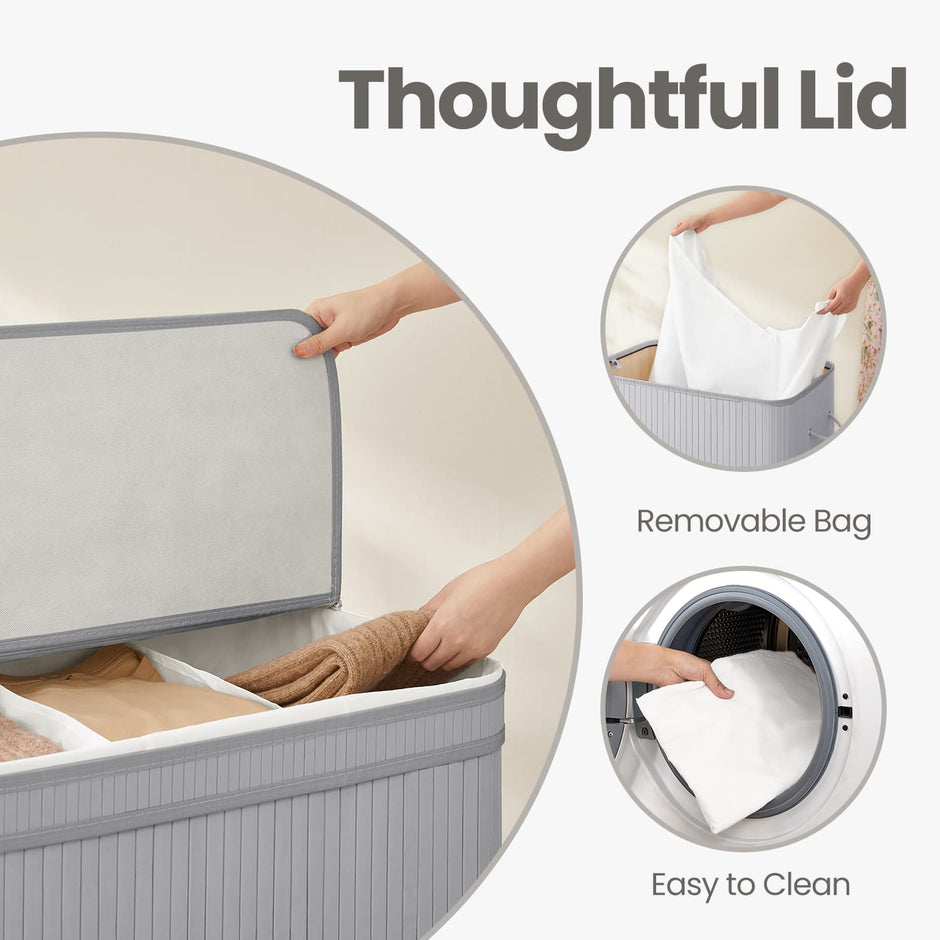 Bamboo Laundry Basket – Grey – 100 L – Lid and Removable Machine Washable with Handles