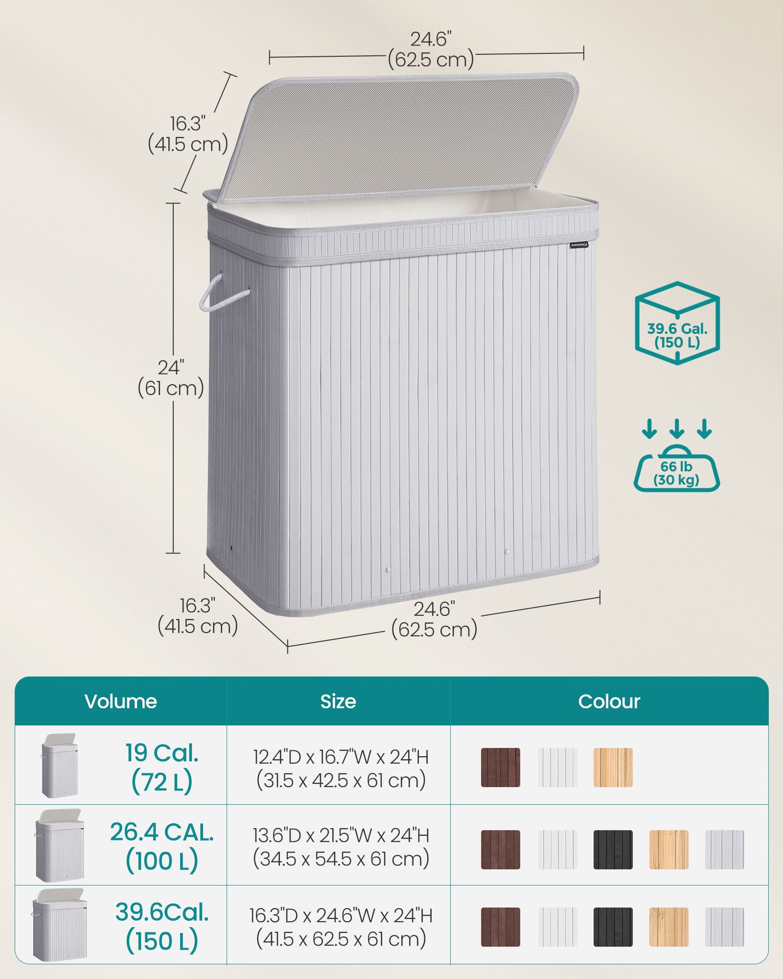 Laundry Hamper – Bamboo – Dove Grey – Removable and Machine Washable with Lid and Handles, 100 L