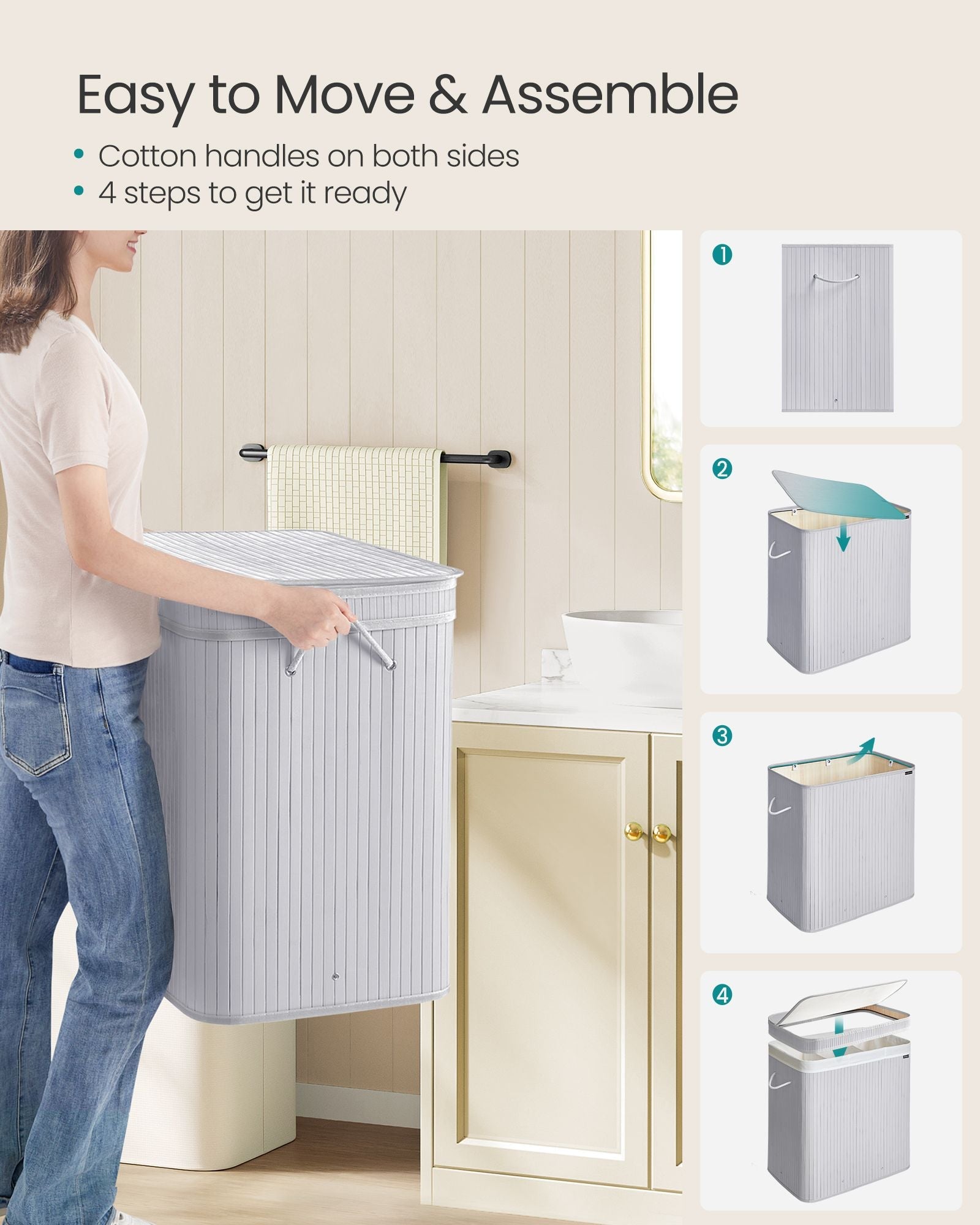 Laundry Hamper – Bamboo – Dove Grey – Removable and Machine Washable with Lid and Handles, 100 L