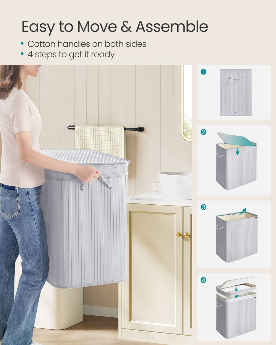 Laundry Hamper – Bamboo – Dove Grey – Removable and Machine Washable with Lid and Handles, 100 L
