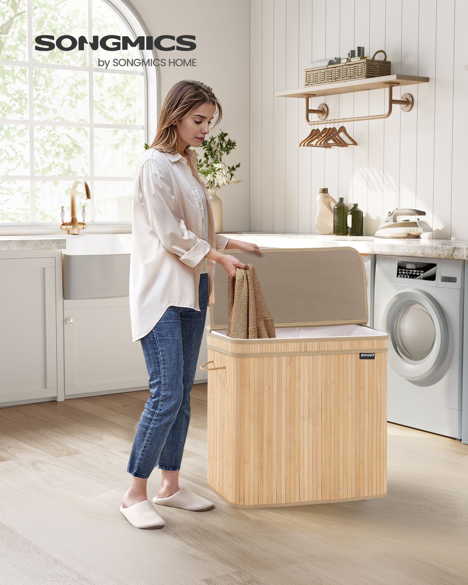 Laundry Hamper – Bamboo – Natural Beige – Removable and Machine Washable with Lid and Handles, 100L