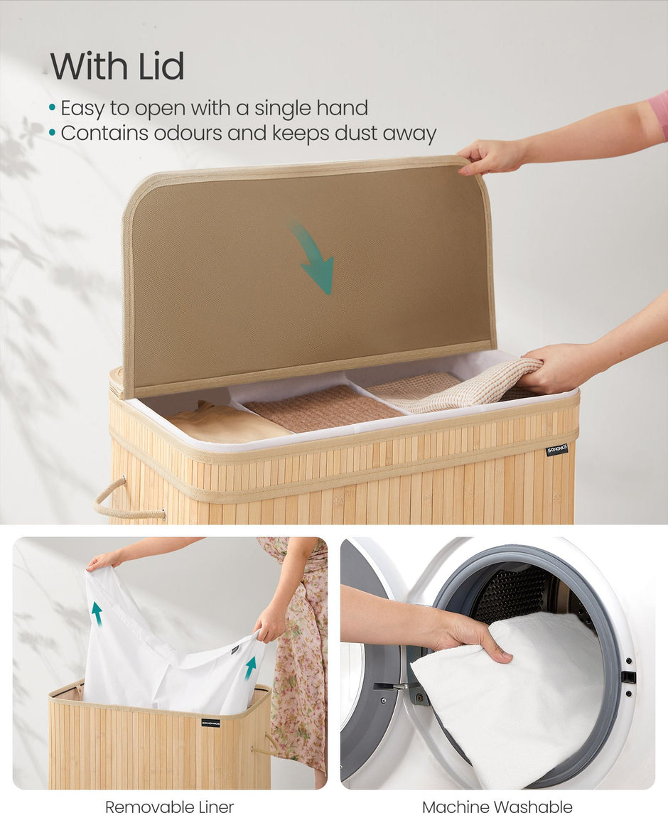 Laundry Hamper – Bamboo – Natural Beige – Removable and Machine Washable with Lid and Handles, 100L