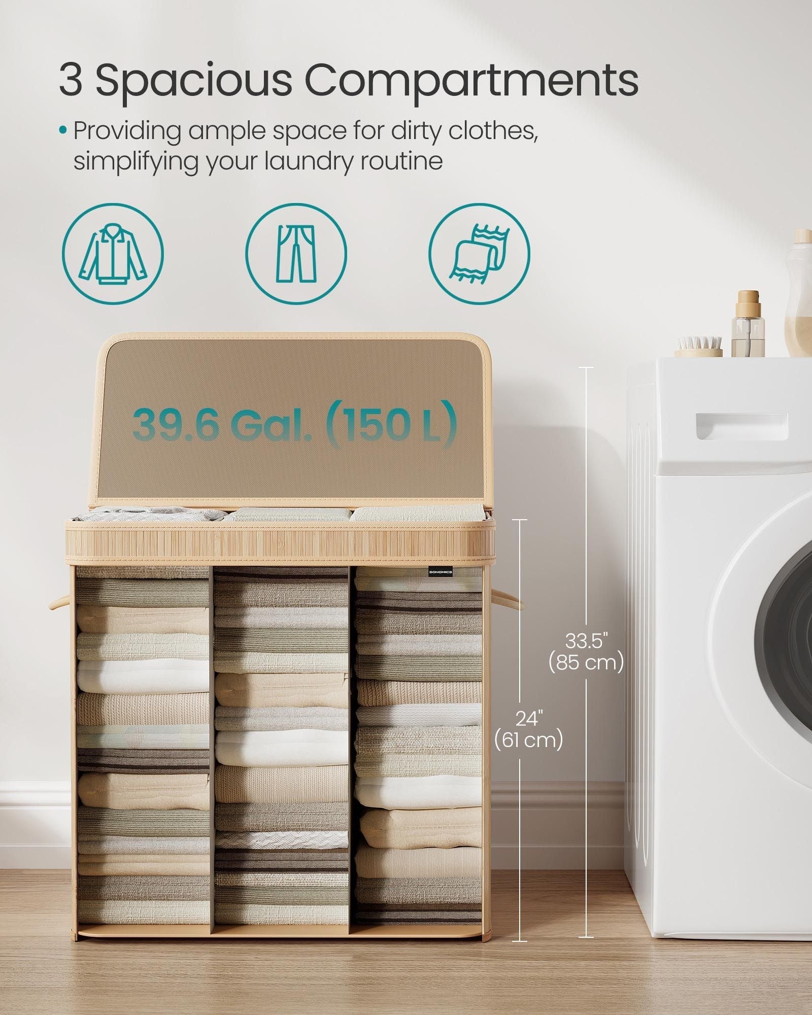 Laundry Hamper – Bamboo – Natural Beige – Removable and Machine Washable with Lid and Handles, 100L