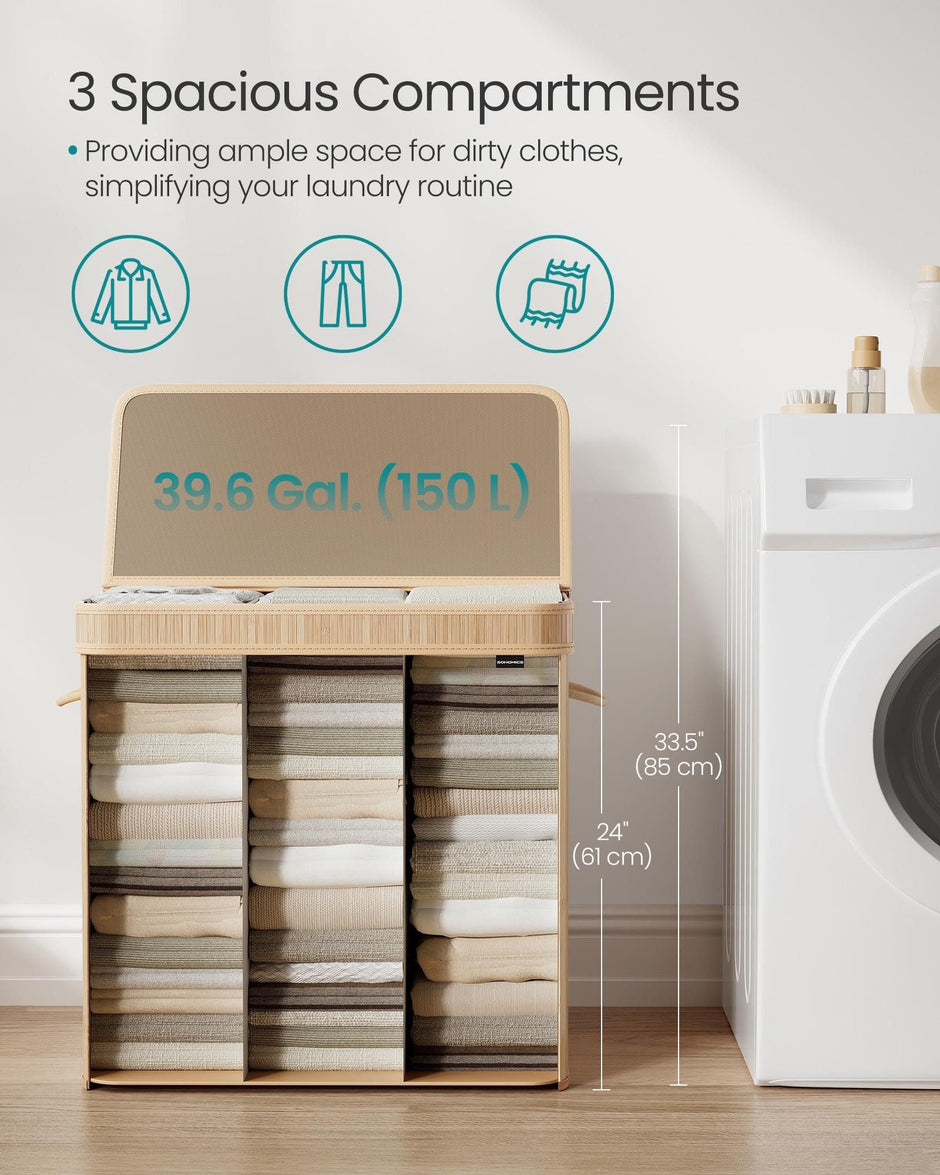 Laundry Hamper – Bamboo – Natural Beige – Removable and Machine Washable with Lid and Handles, 100L