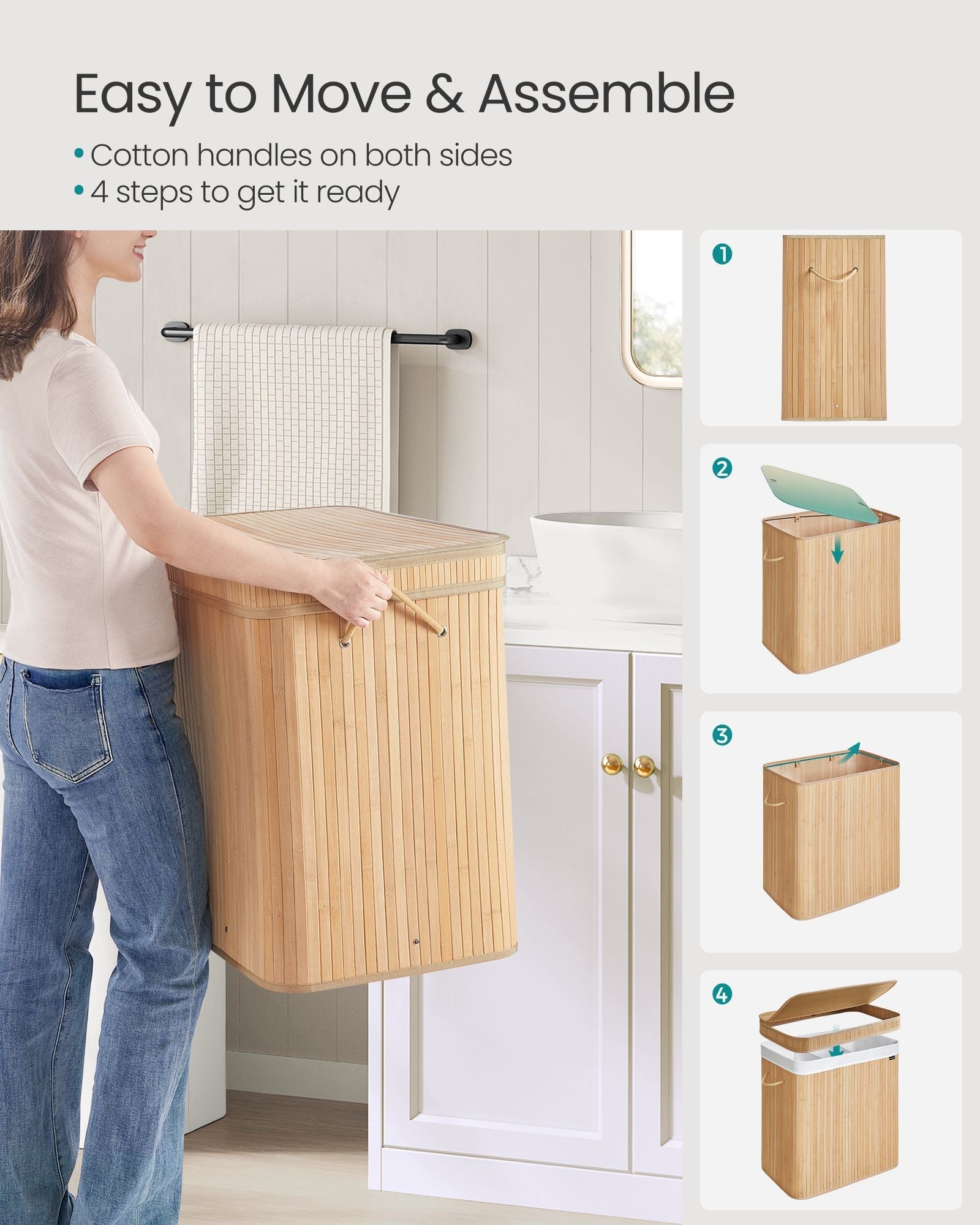 Laundry Hamper – Bamboo – Natural Beige – Removable and Machine Washable with Lid and Handles, 100L