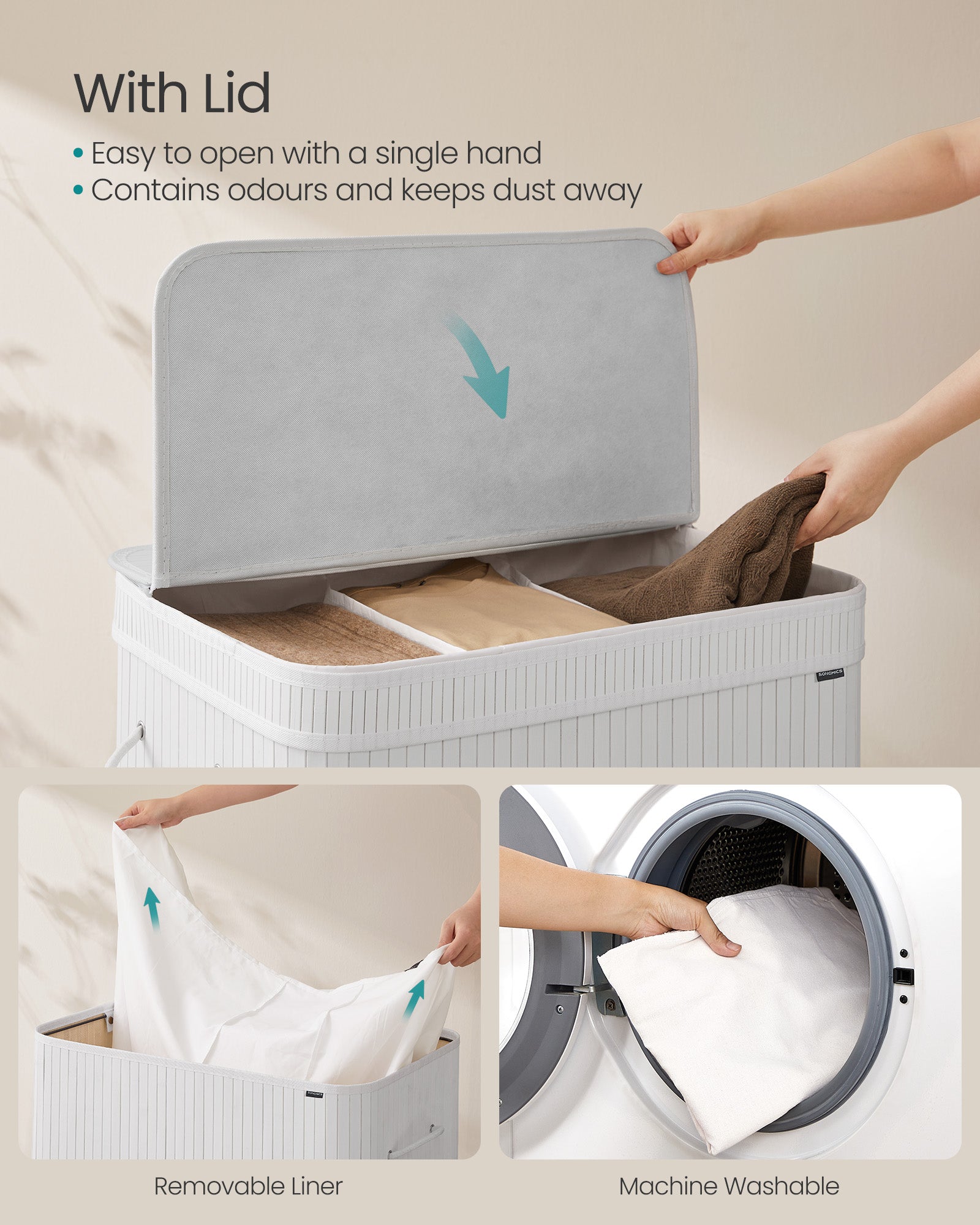 Laundry Hamper – Bamboo – Cloud White – Removable and Machine Washable with Handles