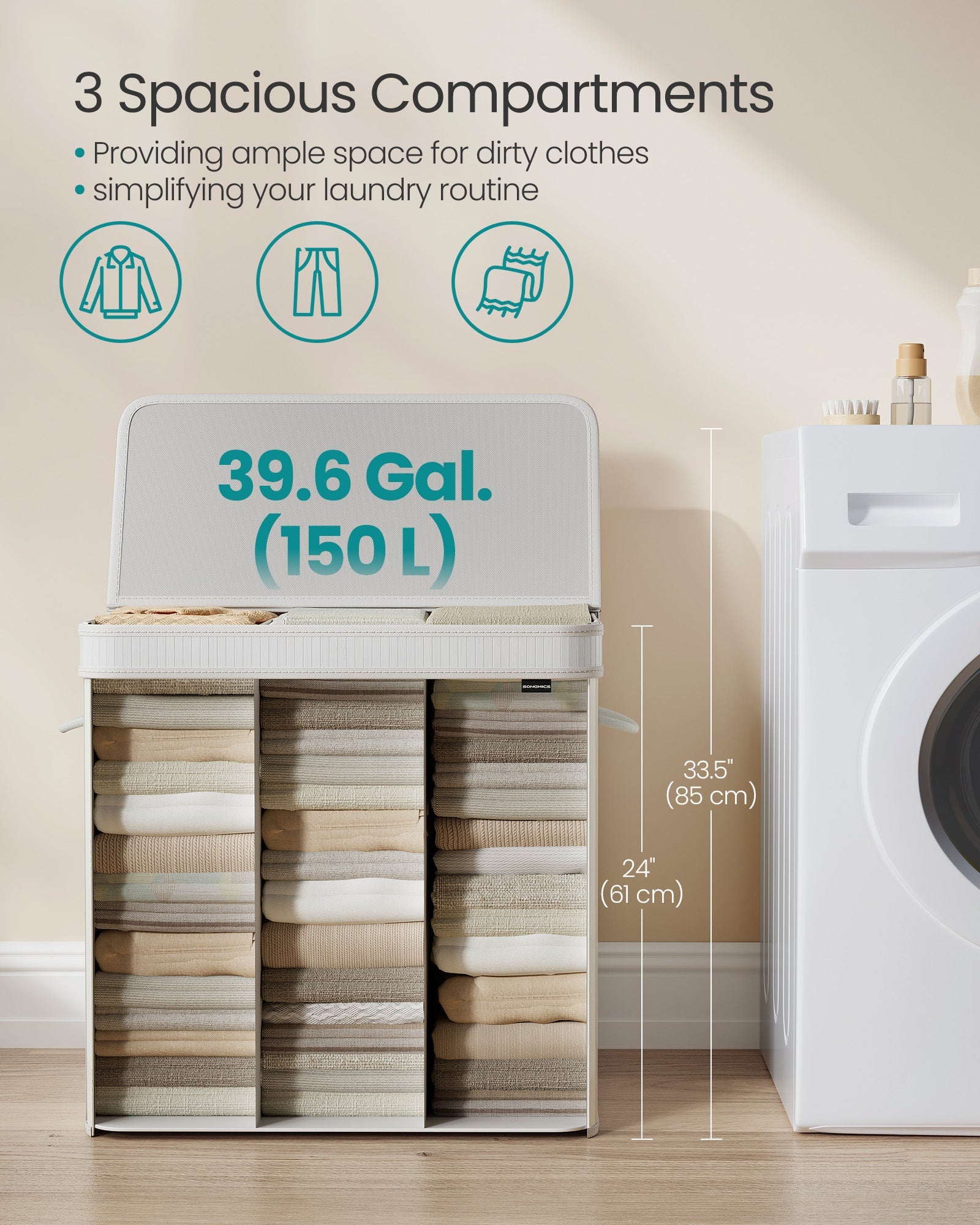 Laundry Hamper – Bamboo – Cloud White – Removable and Machine Washable with Handles
