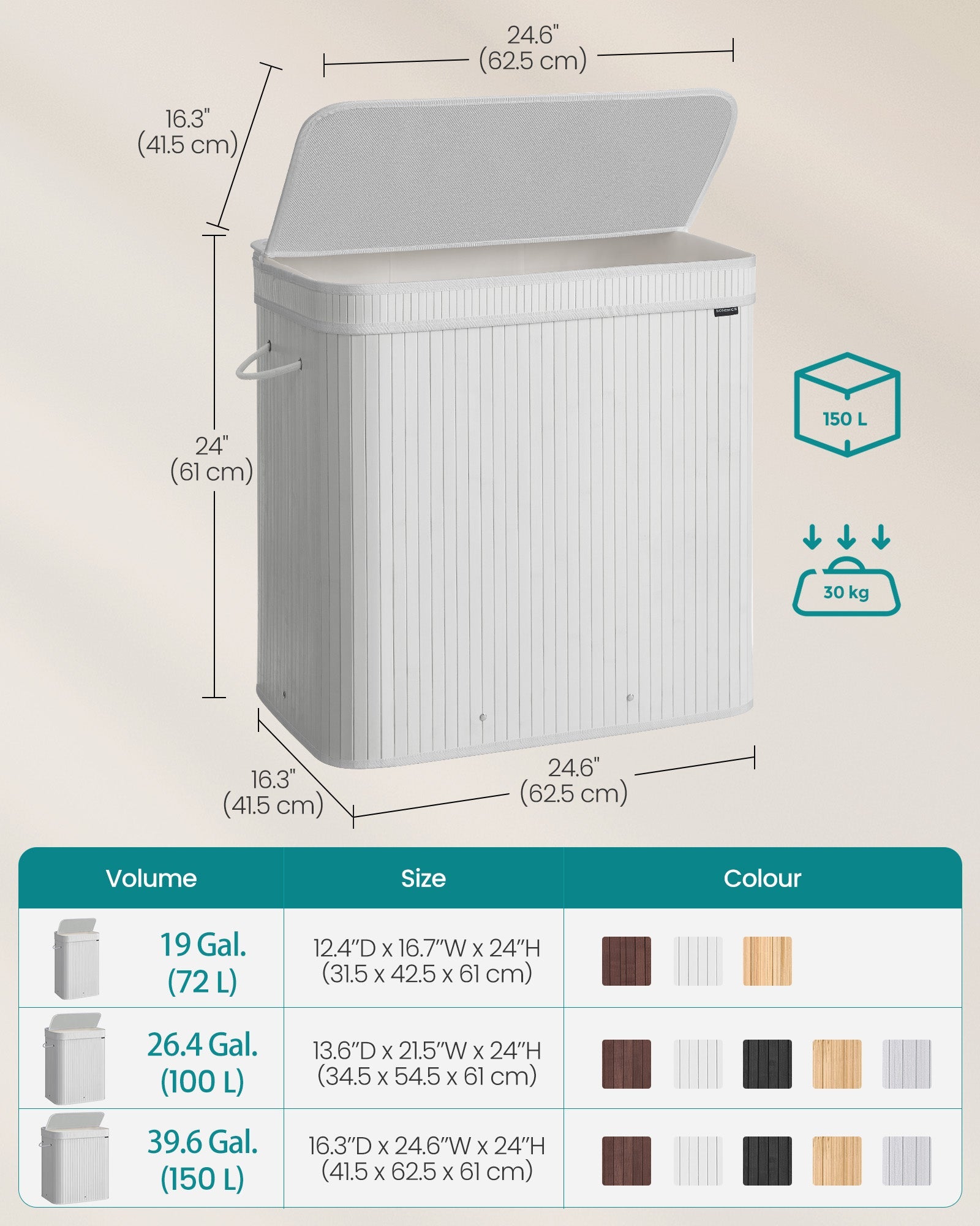 Laundry Hamper – Bamboo – Cloud White – Removable and Machine Washable with Handles