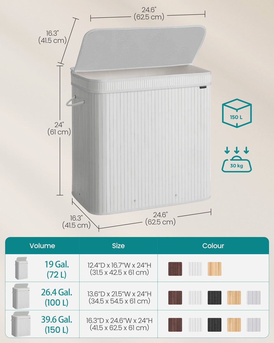 Laundry Hamper – Bamboo – Cloud White – Removable and Machine Washable with Handles