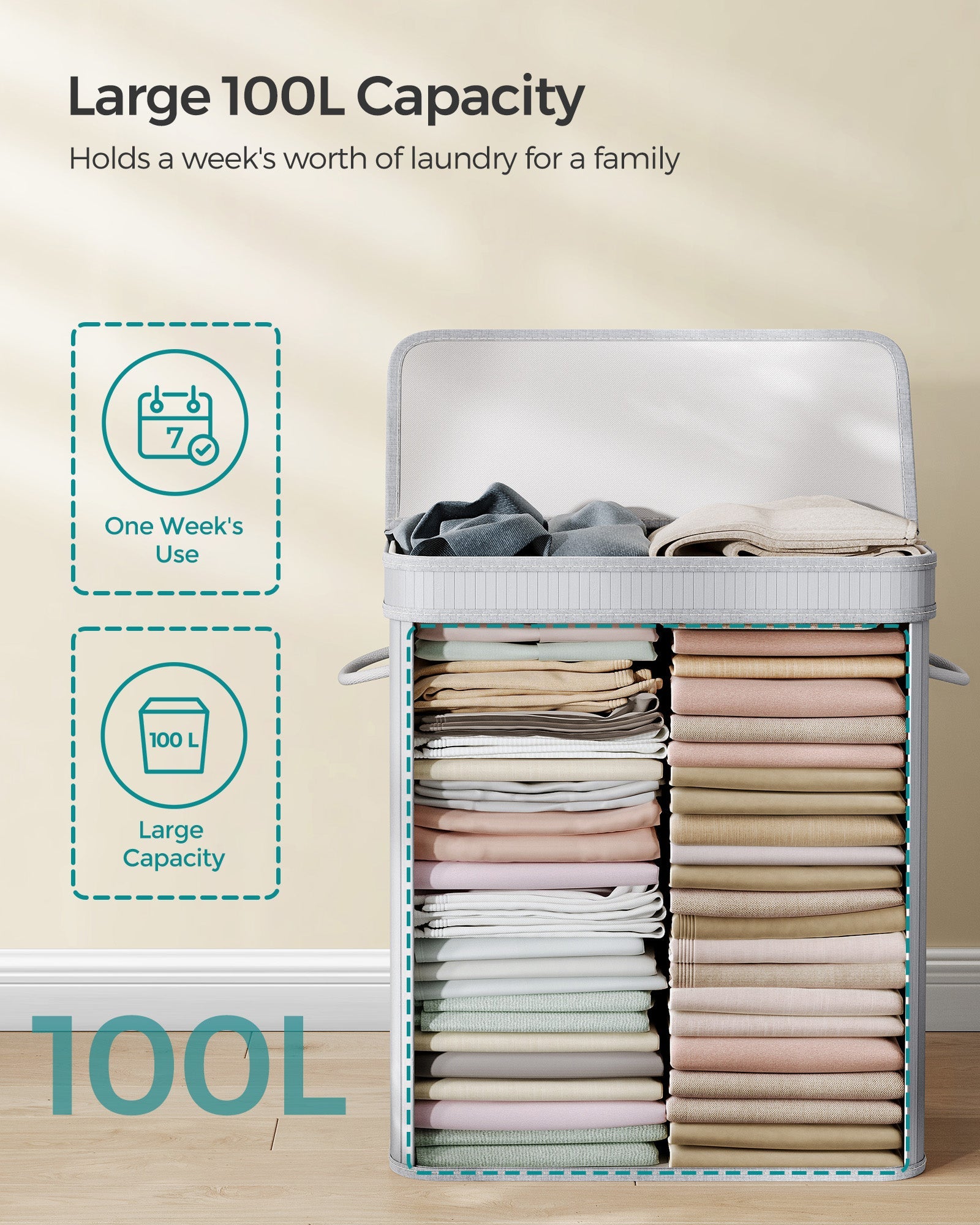 Laundry Hamper – Bamboo – Grey – 100L with Lid and Handles