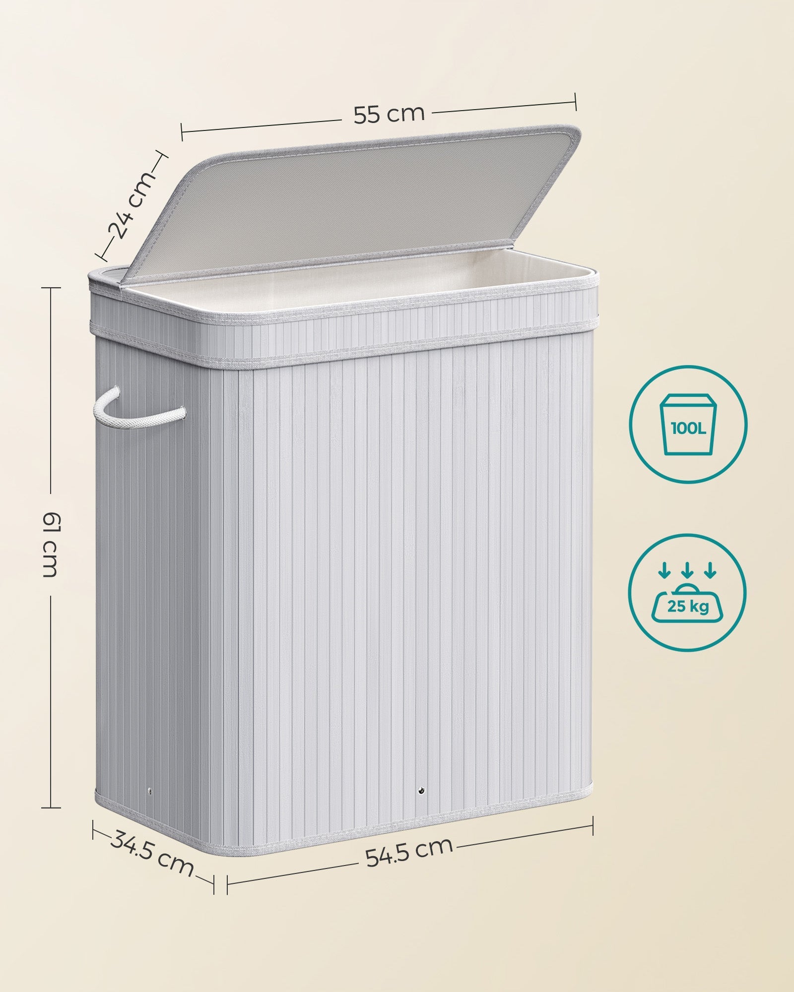 Laundry Hamper – Bamboo – Grey – 100L with Lid and Handles
