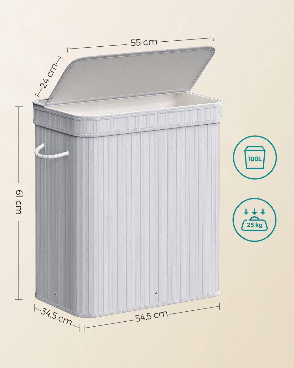 Laundry Hamper – Bamboo – Grey – 100L with Lid and Handles