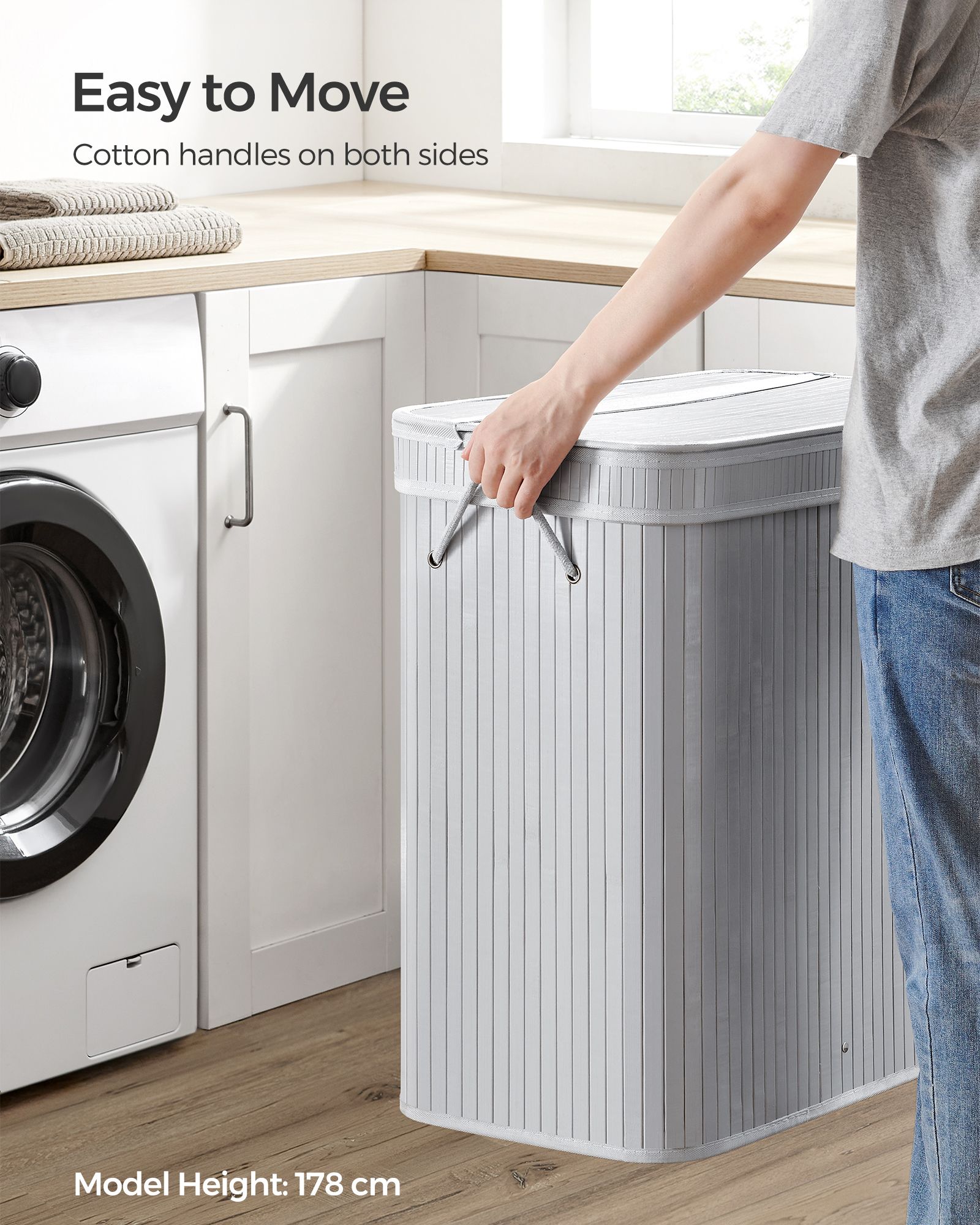 Laundry Hamper – Bamboo – Grey – 100L with Lid and Handles